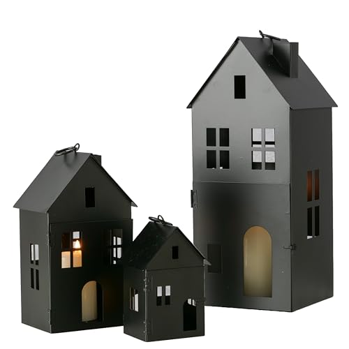 Image of Main Street Town House Candle Lanterns, Set of 3, Vintage Style, Architectural Details,Rustic Black, Metal, 13.75, 8.25, and 5 Inches Tall