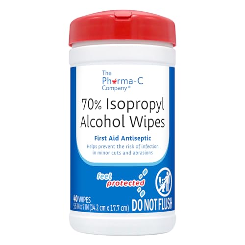 The Pharma-C Company 70% Isopropyl Alcohol Wipes [40 wipes] - IPA First Aid Antiseptic Wound Cleaner with Moisture Lock Lid. For minor cuts, scrapes, and burns.