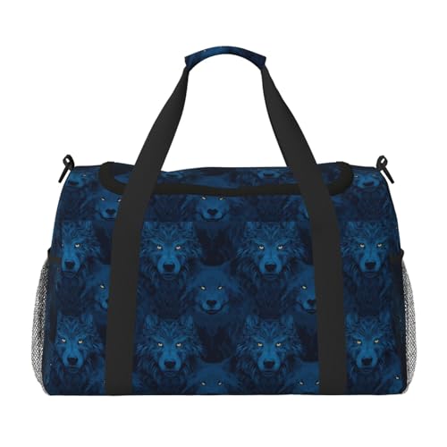 Cool Blue Wolf Head Print Duffle Bag for Travel, Carry On Weekender Overnight Duffel Bags, Gym Bags for Women Men, Personal Item Travel Bag