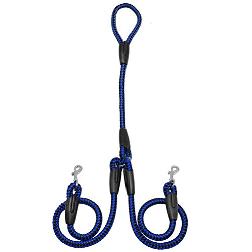 Kuntrona Braided Double Dog Leash Nylon 2 Way Coupler Rope Two Dogs Walking Leads 4 Colors 50 Inch Length for Small Breeds Blue Black M
