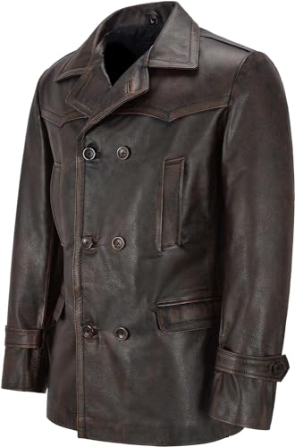 Image of Men's Kriegsmarine German Ww2 Dr Who Reefer Hide Leather Jacket Coat Mens Leather Car Coat