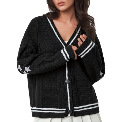 Women's Long Sleeve Cardigan V Neck Stars Button Down Oversized Open Front Sweaters Casual Cable Batwing Knitted Coat (Black M)