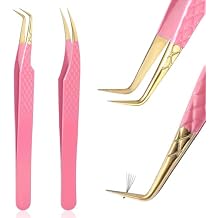Tyqour 2Pcs Lash Tweezers for Eyelash Extensions 90 Degree Eyelash Extension Tweezers Fiber Tip Lash Tweezers False Eyelash Tweezers Lash Cluster Tweezers for Volume Lashes, Pink