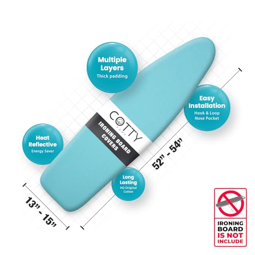 COTTY HOME Extra Thick Ironing Board Covers with Pad Standard Size 15x54, Heat Reflective Full Scorch Resistant Padding, Snug Fit Non-Slip Nose Pocket Fastener Straps Elastic Edges, Turquoise by COTTY HOME - Image 3