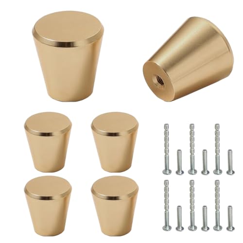 Mokife 6 Pomos de Armario Dorados, Modernos Metal Redondo Tiradores de Muebles con Tornillos 20x23mm para Cajones Armario Cómoda, Oro