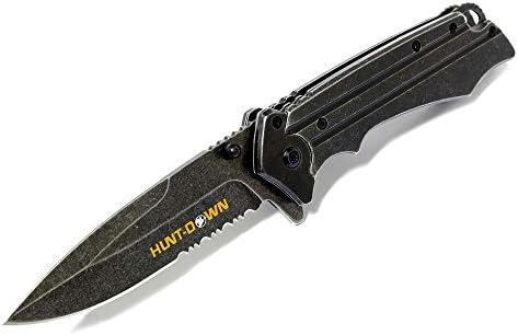 8" Huntdown Spring Assisted Stone Wash Silver Blade with Clip & Belt Cutter