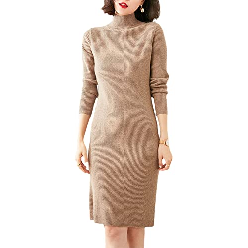 Robe en tricot cachemire camel à col roulé pour le bureau et les sorties