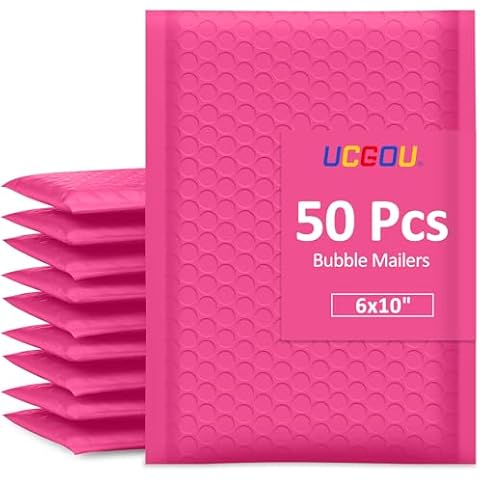 UCGOU Bubble Mailers 6x10 Inch Hot Pink 50 Pack Poly Padded Envelopes Small Business Mailing Packages Opaque Self Seal Adhesive Waterproof Boutique Shipping Bags for Jewelry Makeup Supplies #0 Cover