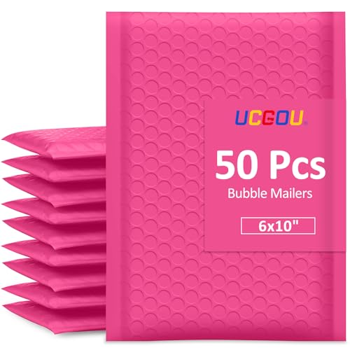UCGOU Bubble Mailers 6x10 Usable Size 6x9 Bubble Mailers Hot Pink 50 Pack Poly Padded Envelopes Small Business Opaque Self Seal Adhesive Waterproof Boutique Shipping Bag for Jewelry Makeup Supplies #0