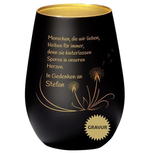 Schwarz-goldenes Gedenklicht mit Spruch ‚Menschen, die wir lieben…‘ mit Pusteblumen I Trauer Windlicht I Gravur mit Name I Erinnerungslicht