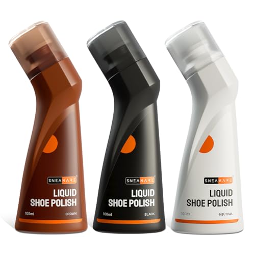 SNEAKARE Liquid Shoe Polish, 100 ml – Water-Based Formula with Spill-Proof Applicator (Pack of 3, Black, Brown And Neutral)
