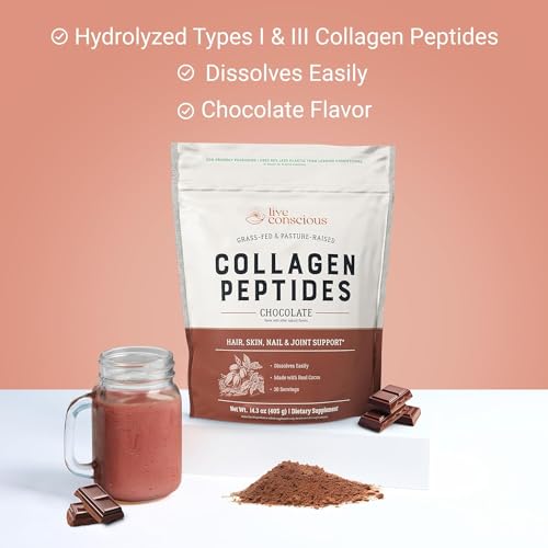 Image of Live Conscious Collagen Peptides Powder - Chocolate Collagen Powder - Hair, Skin, Nail, and Joint Support - Type I & III Grass-Fed Collagen Supplements for Women and Men (2-Pack)