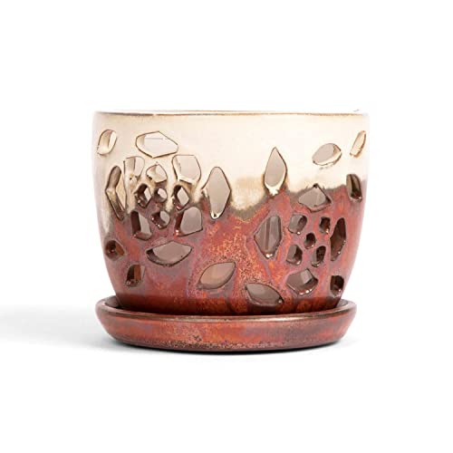 rePotme Orchid Pot - 5 inch Floral Cutout Ceramic Orchid Pot with Holes (Honey Cream Over Copper) - Includes 5 inch Slotted Pot Liner