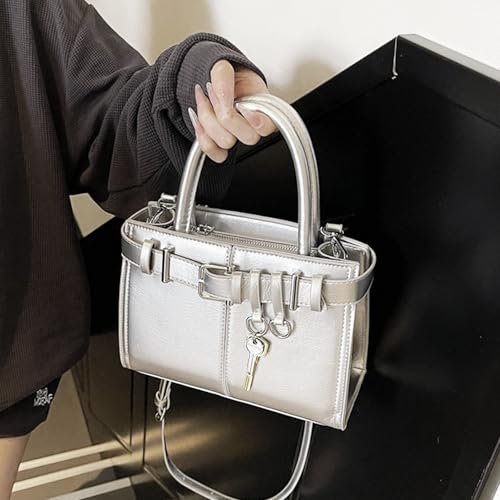 Bolso de cuero Tote para mujer con bandolera plateado miniatura 7