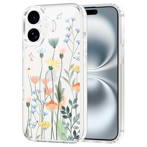 Coque iPhone 16 transparente rigide aux chocs cadeau idéal motif fleurs et papillon