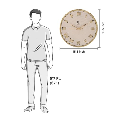 Image of Wooden Round Shape Roman Dial Wall Clock with Gold Zari Rope Detailing and Golden Hands | Silent Quartz Movement Anti Reflection Analog Vintage Clock for Home & Office (Ivory, 15.5 Inch)