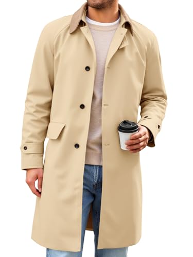 Runcati Mens Trench Coat Single Breasted Corduroy Lapel Long Jacket Fall Casual Vintage Windbreaker Overcoat