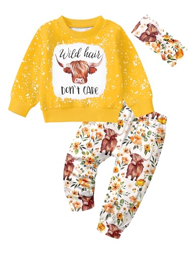 Image of Toddler Girl Clothes Fall Winter Outfits Wild Hair Don't Care Highland Cow Sweatshirt Pants Western Cowgirl Outfit
