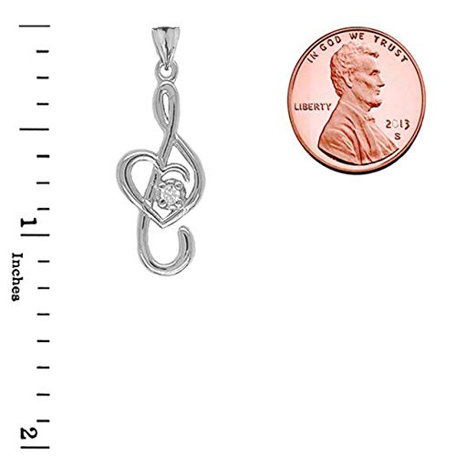 Certified 14K White Gold Diamond Treble Clef Heart Music Note Pendant Necklace (Large), 18" #TOP2