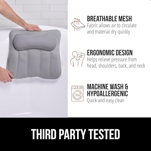 Image of GORILLA GRIP Bath Pillow for Tub, 6 Strong Suction Cups, 4D Mesh FlexComfort Headrest for Neck, Head and Back Support, Luxury Machine Washable Pillows, Bathtub Accessories, Spa Gifts for Mom, Gray