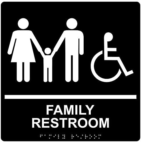 ComplianceSigns.com Family Restroom Sign, ADA-Compliant Braille and Raised Letters, 9x9 in. White on Black Acrylic with Adhesive Mounting Strips
