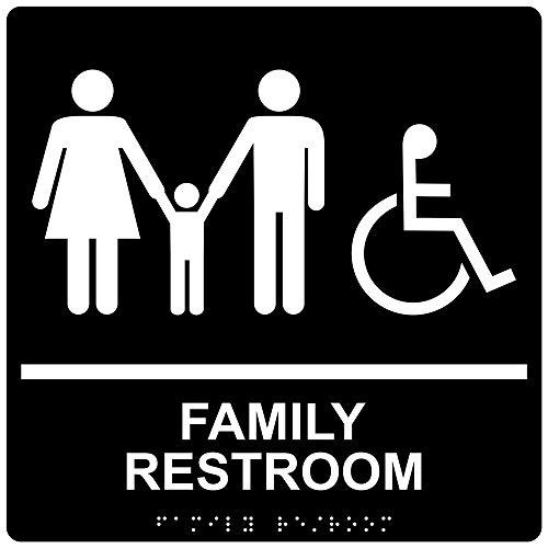 Compliancesigns.com Family Restroom Sign, Ada-Compliant Braille And Raised Letters, 9X9 In. White On Black Acrylic With Adhesive Mounting Strips #TOP9