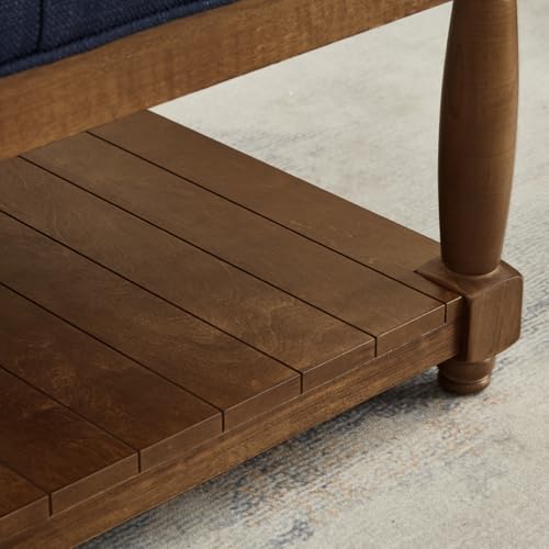 24KF Upholstered Square Coffee Table with Wooden Shelf, Tufted Button Large Square Ottoman with Spindle Wooden Legs, Linen Large Footrest Ottoman Pouf for Living Room, Navy Blue