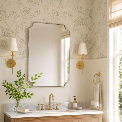 Image of TEHOME Brushed Nickel Scalloped Bathroom Mirrors, 24x36'' Silver Metal Framed Vanity Mirror for Bathroom