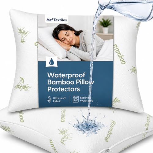 Aaf Textiles Bamboo Waterproof Pillow Protectors 2 Pack Anti Dust Mite Bed Bug Anti Allergy Soft Non Noisy Feather Proof with Zipped Closure Hypoallergenic Breathable (50x75cm)