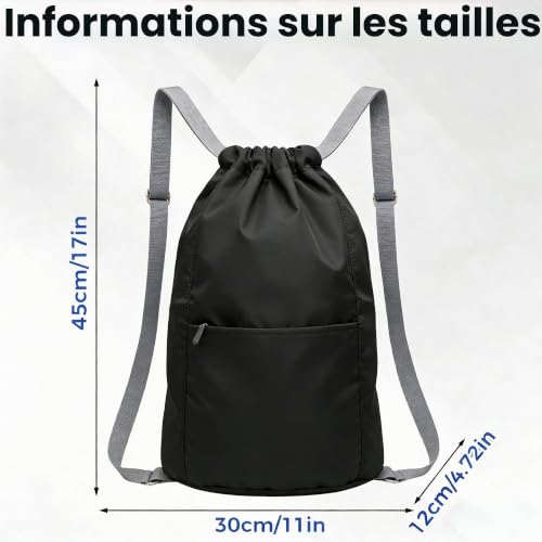 VQBKHO Sac à Dos Imperméable à Cordon, Sac de Sport Léger Unisexe avec Grande Capacité et Poche Zippée Sac Pliable Bandoulière Réglable pour Gym École Voyage Natation Randonnée – vue 2