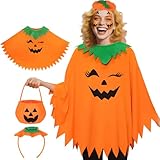 SXJINGLIMY 3 Pcs Halloween Costumes for Women Adult, Simple Adult Halloween Pumpkin Costumes for Women Halloween Pumpkin Poncho Set with Headband & Candy Bag for Halloween Party Cosplay Clothes