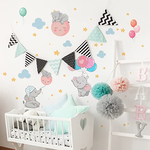 Cute Small Elephant Wall Decals For Nursery Kids Room, Hot Air Balloon Wall Stickers For Living Room Bedroom, Mural Vinyl Peel And Stick Diy(6 Sheets) #TOP5