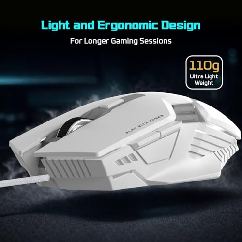 Image of EvoFox Starter Series Spectre USB Wired Gaming Mouse with Upto 3600 DPI Gaming Sensor | 6 Buttons Design | Upto 7 Million Clicks | 7 Colours Rainbow Lighting | 1.5m Braided Cable (White)