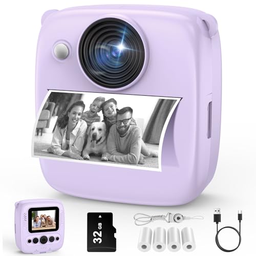 Kinderkamera Sofortbildkamera, Kinder Kamera mit 32GB Karte & 4 Bände Druckpapier, 48MP Sofortbildkamera Kinder mit 1080P Digitalkamera für Kinder,...