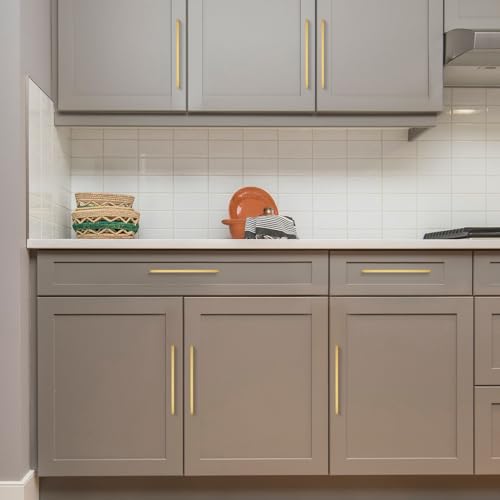 Image of Ravinte Brushed Brass Solid Pulls Cabinet Handles 10 Inch 30 Pack | Solid Zinc, Slim Design, Mounting Screws Included, Kitchen Cabinet Hardware, For Cupboards, Dressers, Drawers