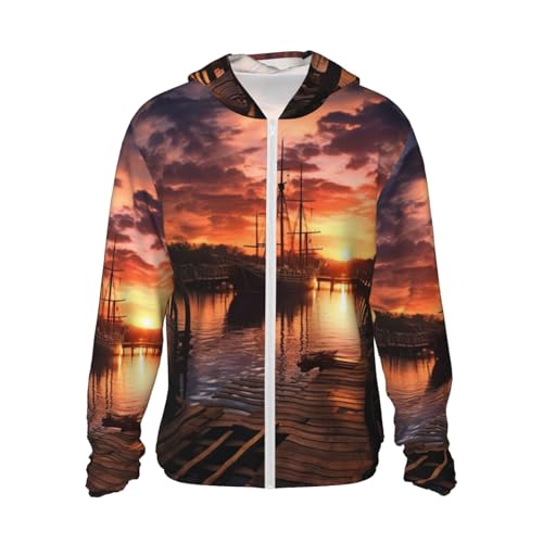 Sun Protection Hoodie Shirt Boat harbor in the sunset UPF 50+ Long Sleeve Outdoor Rash Guard for Men Women