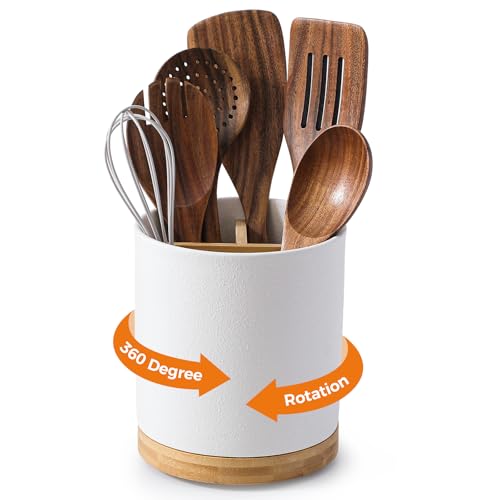 Image of LoeJan 3 Compartment Utensil Holder, Extra Large Utensil Crock, Stable Ceramic Utensil Organizer, Cooking Tool Organizer Set for Kitchen Counter Farmhouse Decor, Textured White