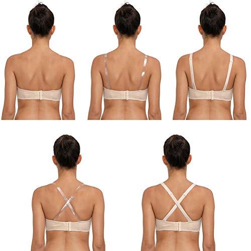 DHX Women's Strapless Bandeau Bra Full Coverage Support Bras Removable Pads with Clear Straps, Beige, 38DD/E - Image 4