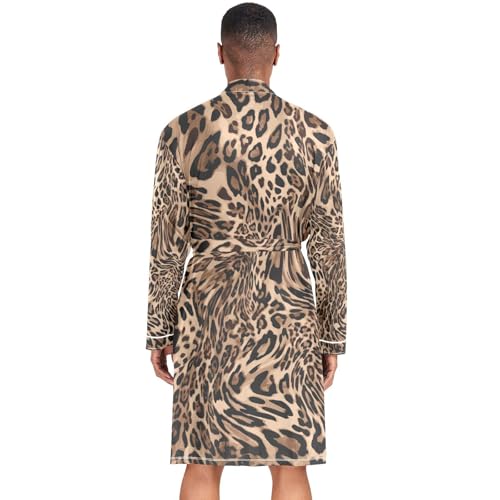 OTVEE Mens Summer Kimono Robe Brown Leopard Prints Long Sleeve Pajamas Thin Bathrobes3