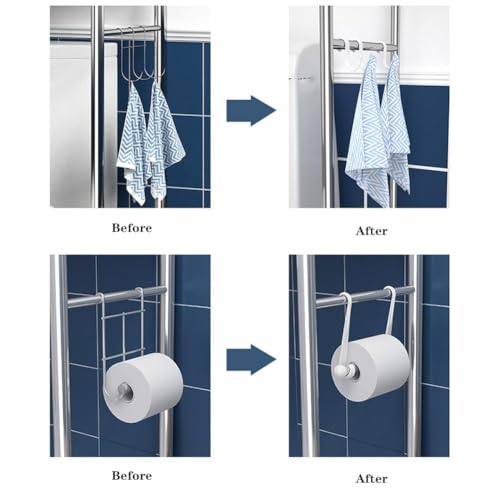 3-Tier Over The Toilet Storage, Freestanding Metal Bathroom Shelves, Above Toilet Storage Rack with Hooks and Paper Holder, Space-Saving, for Bathroom Restroom Laundry, Stainless Steel