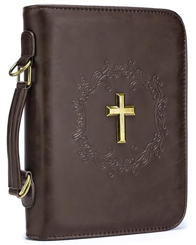 Bible Cover Case for Women Men Cross Design Bible Bag with Shoulder Strap Vegan Leather Bible Cover for Farther Day Gift Christian Gifts Brown