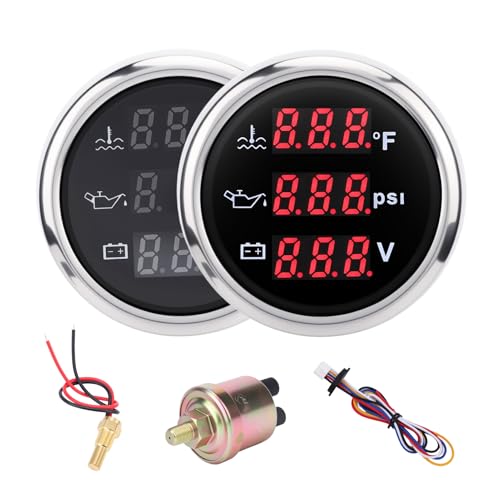 WODHMIEY Triple Gauge Set 3in1,Water Temp (104°F-248°F), Oil Pressure (0-145PSI), Voltmeter (9-32V), AUTO Gauge with Digital Display Alarms for Cars Trucks Boats (Red)