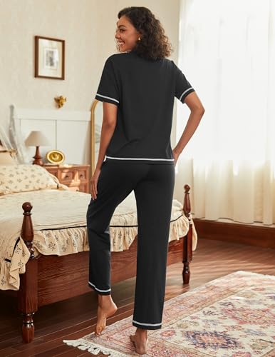 Ekouaer Cotton Pajamas Sets for Women 2 Piece Button Down Short Sleeve Pj Set with Long Pants Lounge Set Soft Sleepwear S-XXL4