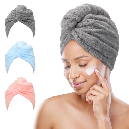 FREATECH 3 Piezas Toalla Microfibra Pelo - Toalla Secado Rapido para Cabello Húmedo, Toallas para Secar el Pelo, Turbante Pelo Suave y Absorbente con 3 Botones para Mujeres, Niños, Pelo Largo y Rizado