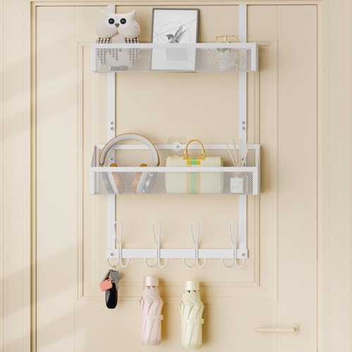 Hocookeeper Over The Door Organizer, Over The Door Hooks & Baskets - 12 Hooks & 2 Mesh Baskets Back of Door Storage Organizer for Bathroom, Kitchen, Bedroom (White) thumbnail 3