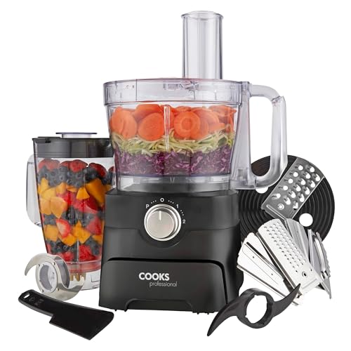 Cooks Professional Food Processor 1000W with 7 Blades, 2L Mixing Bowl & 1.8L Blender Jug | Multifunctional Kitchen Chopper & Blender Machine for Chopping Slicing Grating Kneading Blending | Black