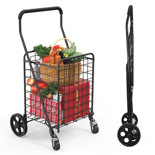 Kiffler Grocery Shopping Cart with 360° Rolling Swivel Wheels, 100LBS Utility Cart Easily Collapsible Cart Extended Foam Cover, Trolley for Laundry,Groceries,Travel Black (Medium)