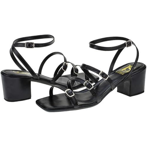 Sandália Feminina com 4 Fivelas Ajustaveis Bico Quadrado Confortável Salto Bloco 030-200 (Preto, BR,