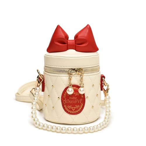 Vinfolio Little Girls Purse, Beaded Mini Bucket Bag Crossbody with Pearl Chain, Princess Girl Purse for 3-8 Years Birthday Gift(PU Leather) (White)
