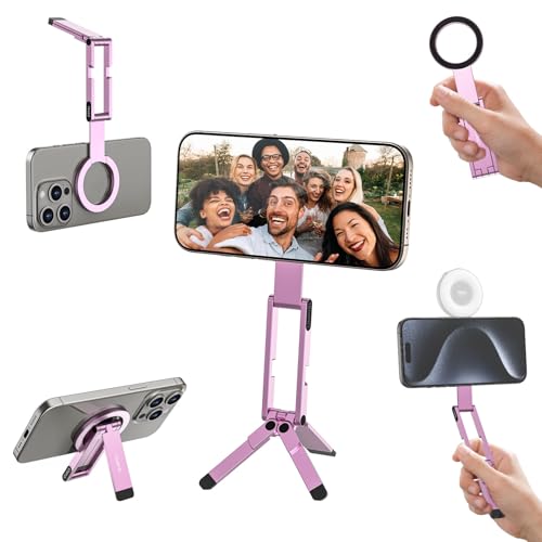 LANZI MA60 Magnetisches Handy-Stativ für iPhone, 3in1 Aluminium Mini-Stativ Faltbar, Taschen-Handy-Ständer, 14 N Doppelseitiger Magnet, kompatibel mit iPhone 17, 16, 15, 14, 13, 12, Magsafe,